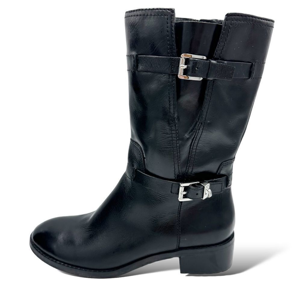 Michael Kors Chunky Heel Moto Boot Black Silver Buckles Lug Sole Sz 7.5